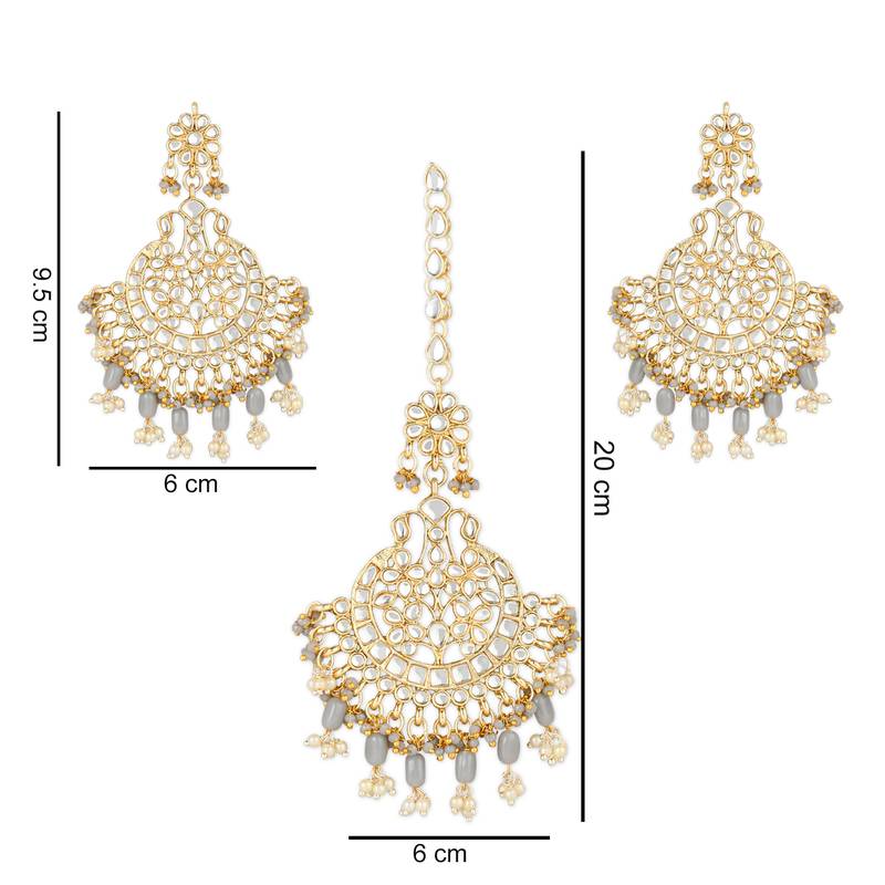 Traditional Big Kundan & Pearl Chandbali Earrings with Maang Tikka Set
