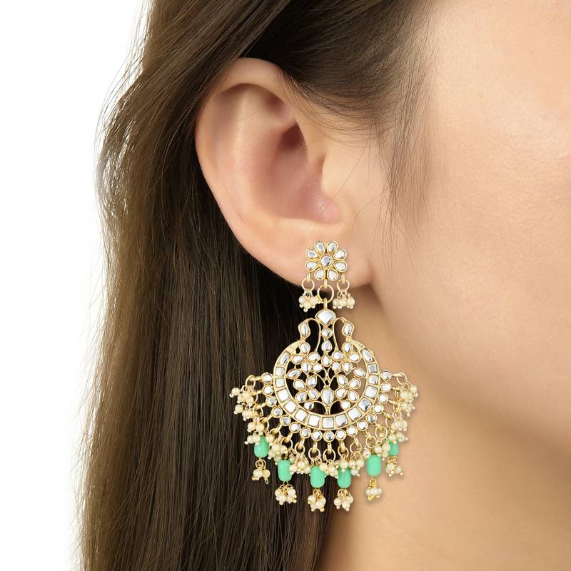 Traditional Big Kundan & Pearl Chandbali Earrings with Maang Tikka Set