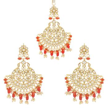 Traditional Big Kundan & Pearl Chandbali Earrings with Maang Tikka Set 1