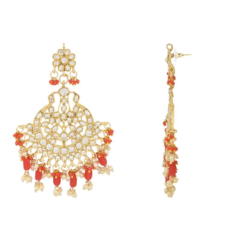 Traditional Big Kundan & Pearl Chandbali Earrings with Maang Tikka Set