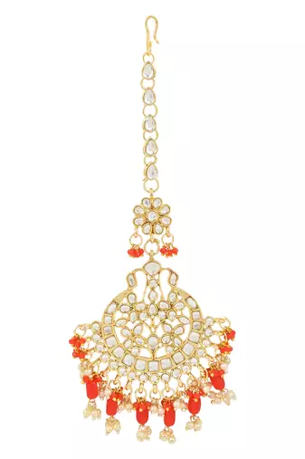 Traditional Big Kundan & Pearl Chandbali Earrings with Maang Tikka Set