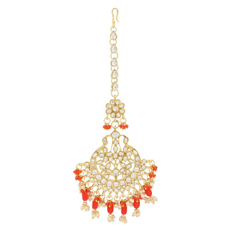 Traditional Big Kundan & Pearl Chandbali Earrings with Maang Tikka Set