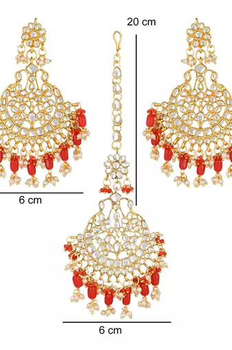 Traditional Big Kundan & Pearl Chandbali Earrings with Maang Tikka Set