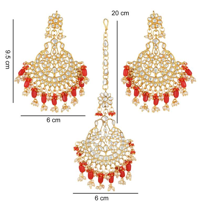 Traditional Big Kundan & Pearl Chandbali Earrings with Maang Tikka Set