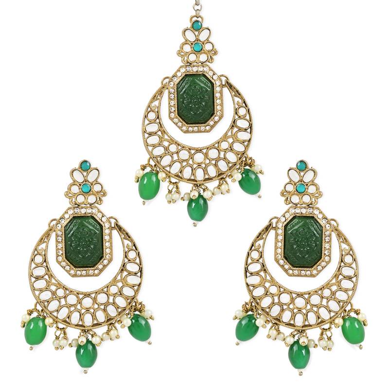 Traditional Pearl Hanging Kundan Stone Studed Chandbali Earring With Maang Tikka