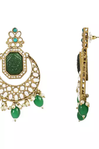 Traditional Pearl Hanging Kundan Stone Studed Chandbali Earring With Maang Tikka