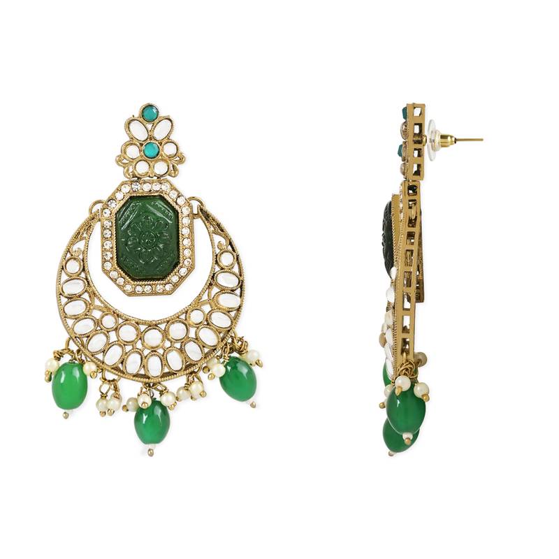 Traditional Pearl Hanging Kundan Stone Studed Chandbali Earring With Maang Tikka