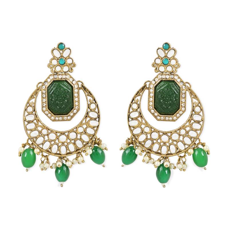 Traditional Pearl Hanging Kundan Stone Studed Chandbali Earring With Maang Tikka