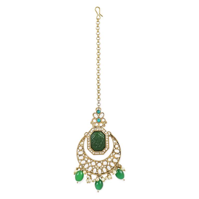 Traditional Pearl Hanging Kundan Stone Studed Chandbali Earring With Maang Tikka