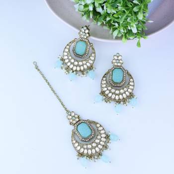 Traditional Pearl Hanging Kundan Stone Studed Chandbali Earring With Maang Tikka 1