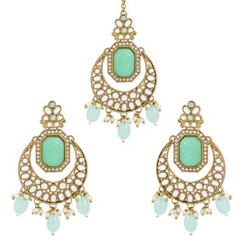 Traditional Pearl Hanging Kundan Stone Studed Chandbali Earring With Maang Tikka 2