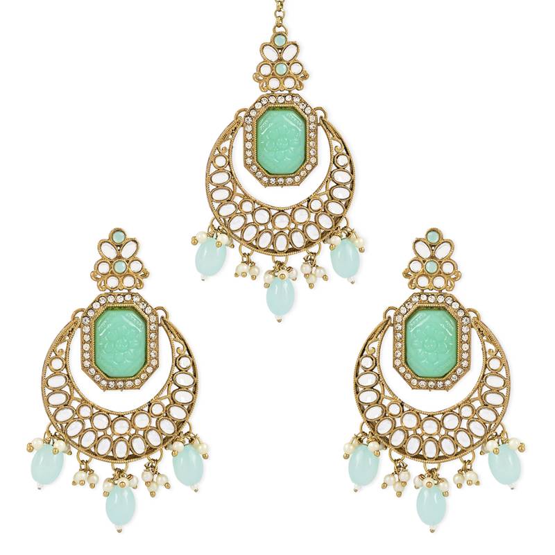 Traditional Pearl Hanging Kundan Stone Studed Chandbali Earring With Maang Tikka