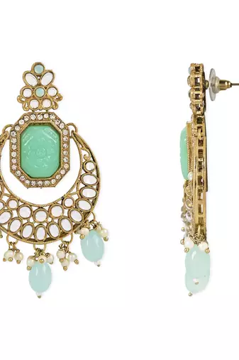 Traditional Pearl Hanging Kundan Stone Studed Chandbali Earring With Maang Tikka