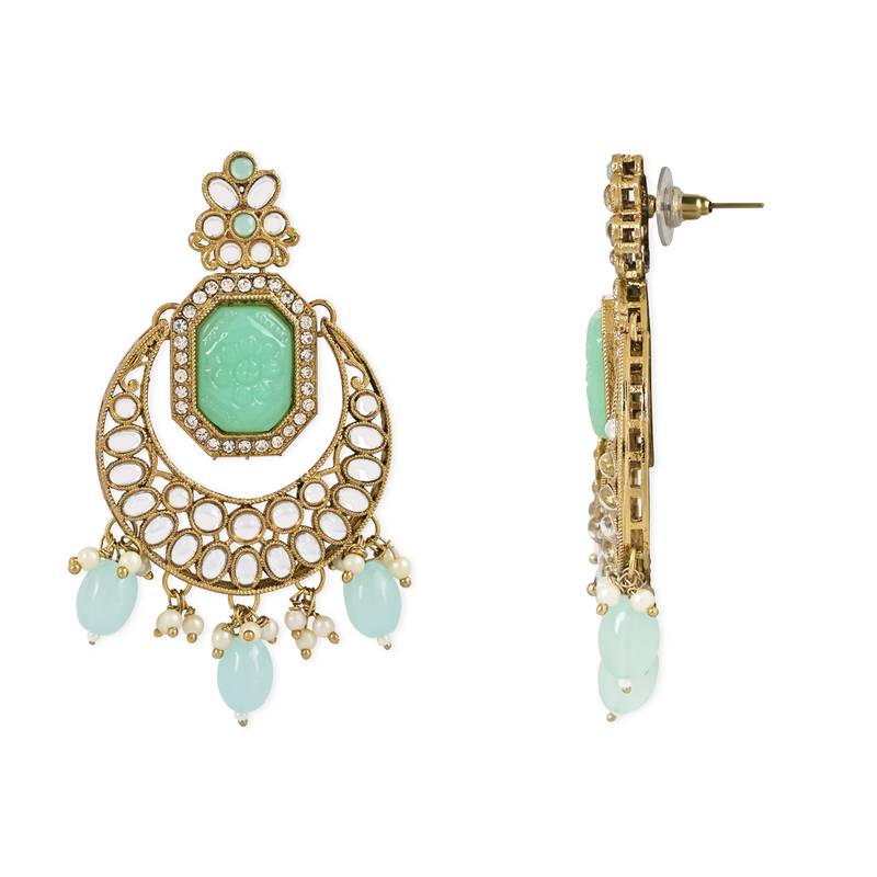 Traditional Pearl Hanging Kundan Stone Studed Chandbali Earring With Maang Tikka