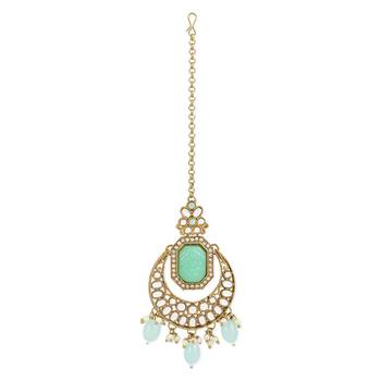 Traditional Pearl Hanging Kundan Stone Studed Chandbali Earring With Maang Tikka 4