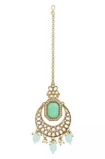 Traditional Pearl Hanging Kundan Stone Studed Chandbali Earring With Maang Tikka