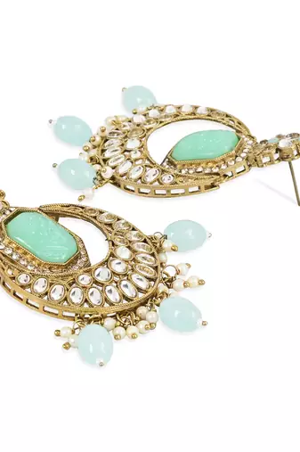 Traditional Pearl Hanging Kundan Stone Studed Chandbali Earring With Maang Tikka