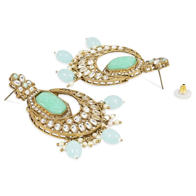 Traditional Pearl Hanging Kundan Stone Studed Chandbali Earring With Maang Tikka