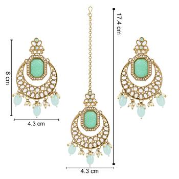 Traditional Pearl Hanging Kundan Stone Studed Chandbali Earring With Maang Tikka 6