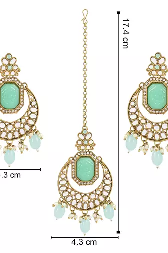 Traditional Pearl Hanging Kundan Stone Studed Chandbali Earring With Maang Tikka