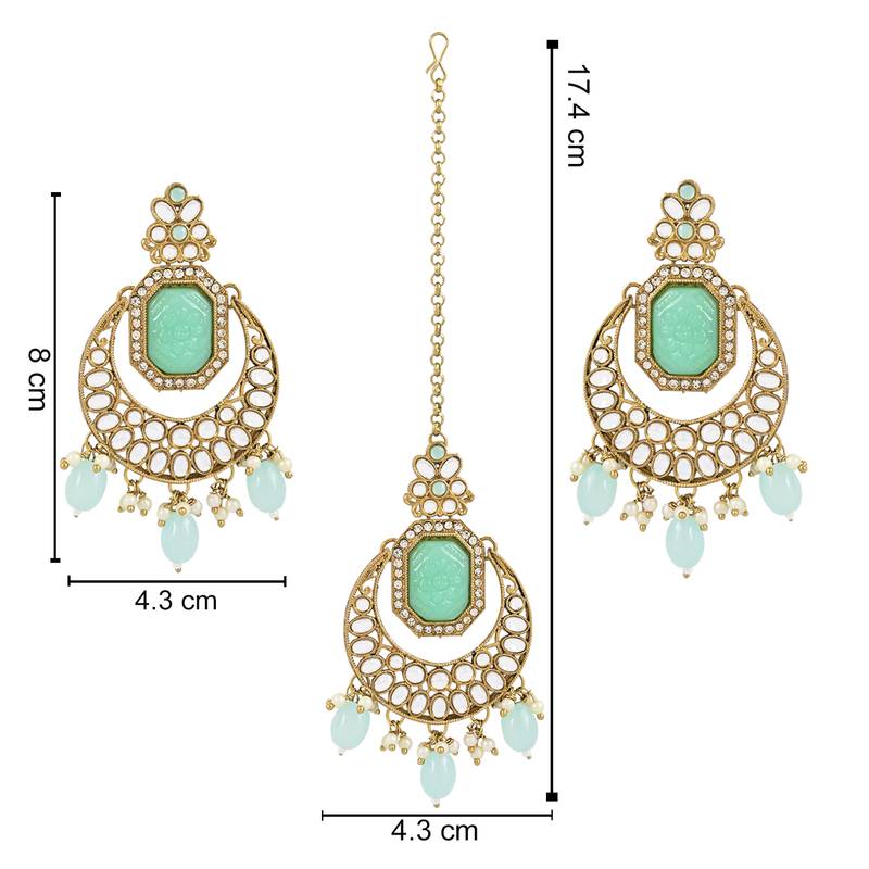 Traditional Pearl Hanging Kundan Stone Studed Chandbali Earring With Maang Tikka
