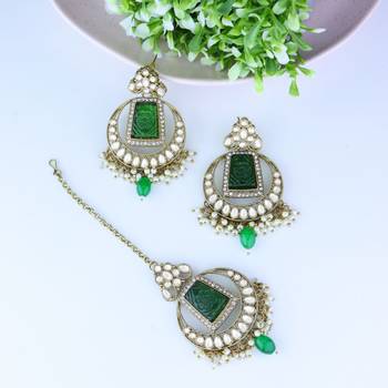 Traditional Pearl Hanging Kundan Stone Studed Chandbali Earring With Maang Tikka 1