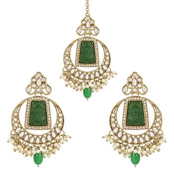 Traditional Pearl Hanging Kundan Stone Studed Chandbali Earring With Maang Tikka 2