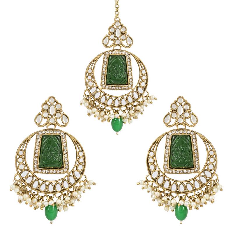 Traditional Pearl Hanging Kundan Stone Studed Chandbali Earring With Maang Tikka