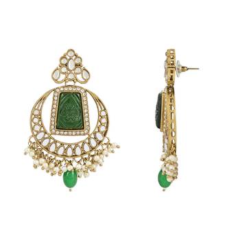 Traditional Pearl Hanging Kundan Stone Studed Chandbali Earring With Maang Tikka 3