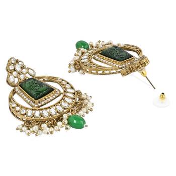 Traditional Pearl Hanging Kundan Stone Studed Chandbali Earring With Maang Tikka 4