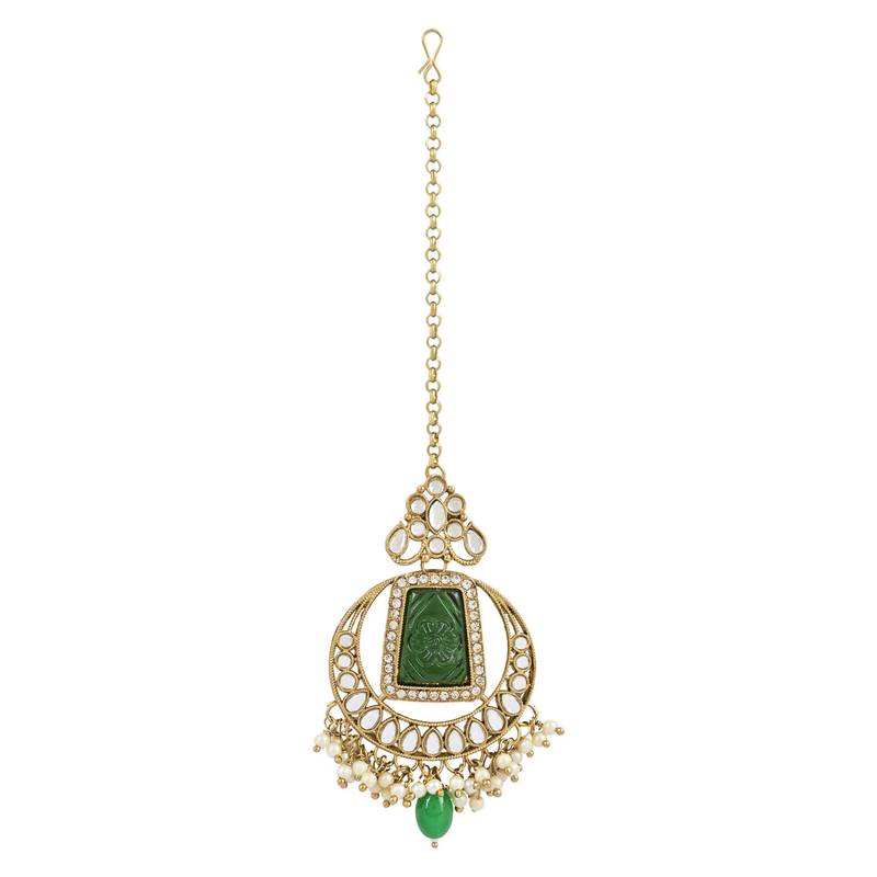 Traditional Pearl Hanging Kundan Stone Studed Chandbali Earring With Maang Tikka