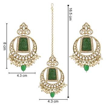 Traditional Pearl Hanging Kundan Stone Studed Chandbali Earring With Maang Tikka 6