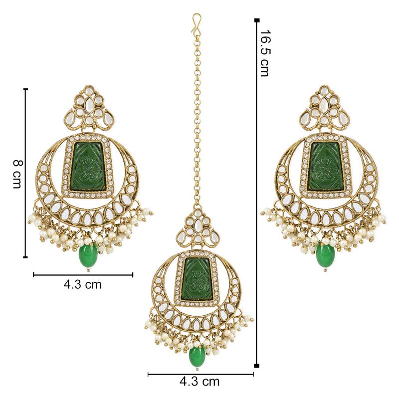 Traditional Pearl Hanging Kundan Stone Studed Chandbali Earring With Maang Tikka