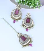 Traditional Pearl Hanging Kundan Stone Studed Chandbali Earring With Maang Tikka