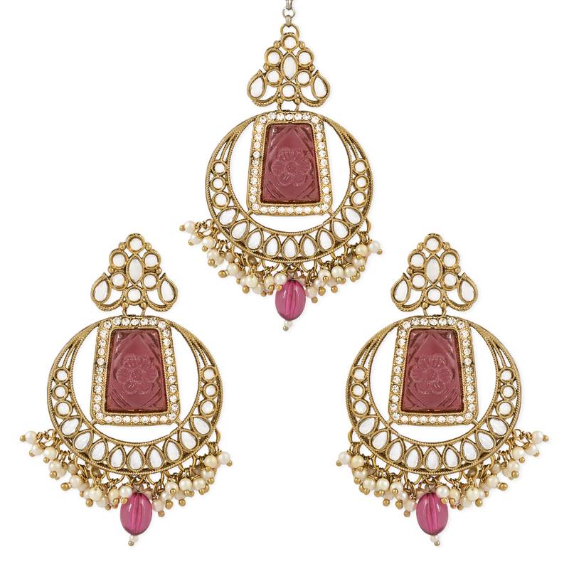 Traditional Pearl Hanging Kundan Stone Studed Chandbali Earring With Maang Tikka