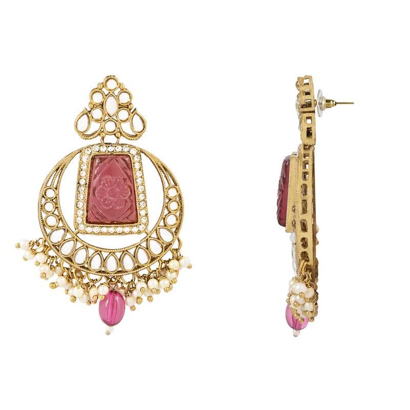 Traditional Pearl Hanging Kundan Stone Studed Chandbali Earring With Maang Tikka