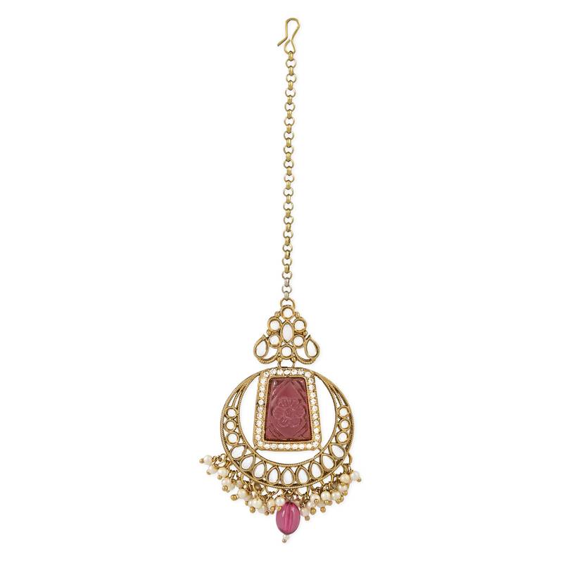 Traditional Pearl Hanging Kundan Stone Studed Chandbali Earring With Maang Tikka