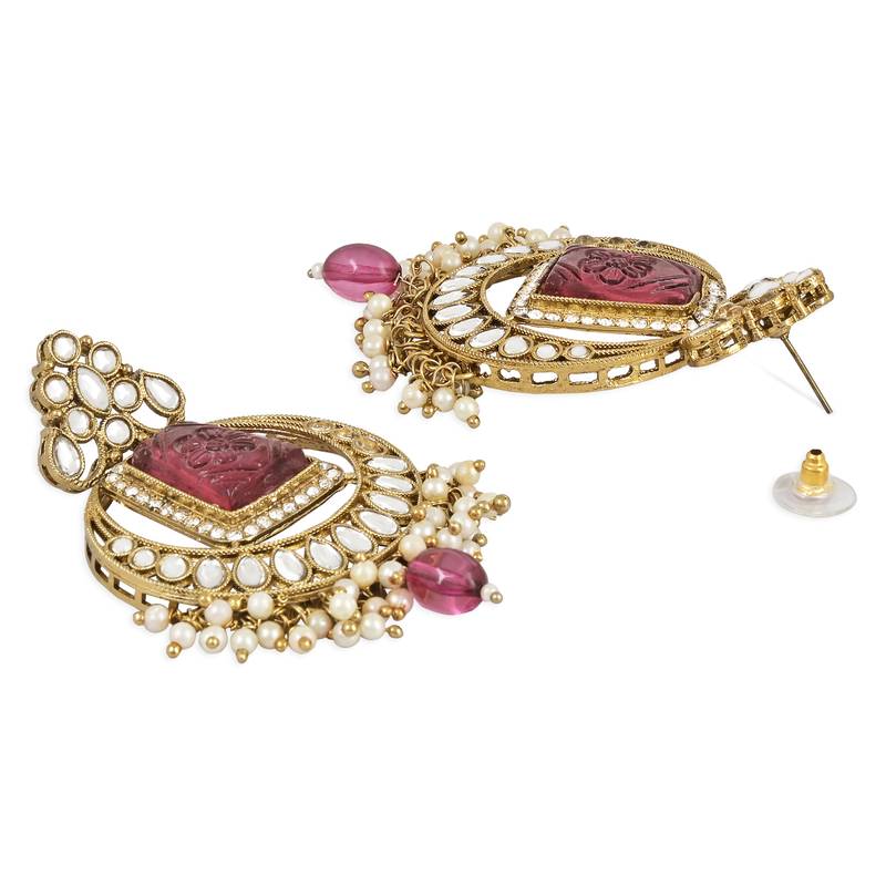 Traditional Pearl Hanging Kundan Stone Studed Chandbali Earring With Maang Tikka
