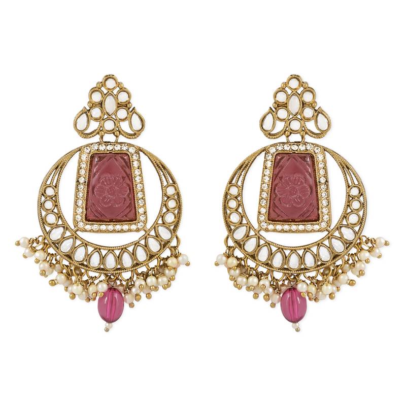 Traditional Pearl Hanging Kundan Stone Studed Chandbali Earring With Maang Tikka