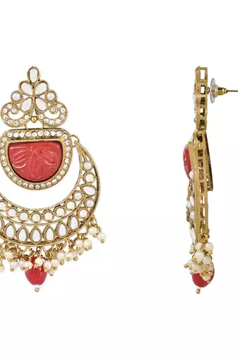 Traditional Pearl Hanging Kundan Stone Studed Chandbali Earring With Maang Tikka