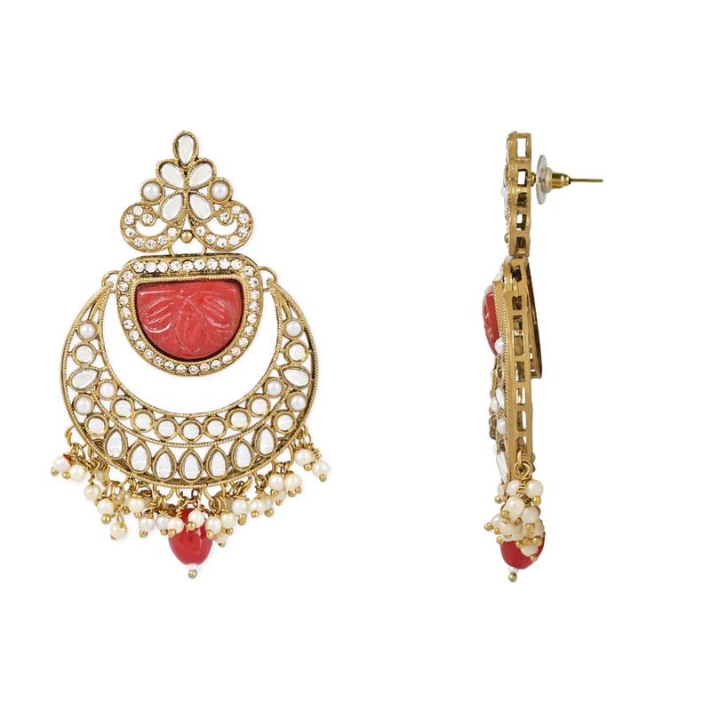 Traditional Pearl Hanging Kundan Stone Studed Chandbali Earring With Maang Tikka