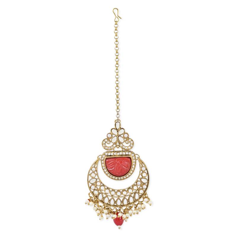 Traditional Pearl Hanging Kundan Stone Studed Chandbali Earring With Maang Tikka