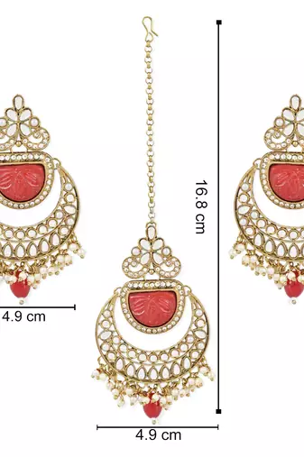 Traditional Pearl Hanging Kundan Stone Studed Chandbali Earring With Maang Tikka