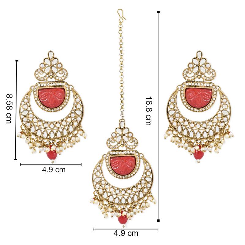 Traditional Pearl Hanging Kundan Stone Studed Chandbali Earring With Maang Tikka
