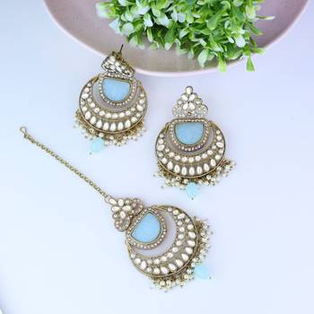 Traditional Pearl Hanging Kundan Stone Studed Chandbali Earring With Maang Tikka 1