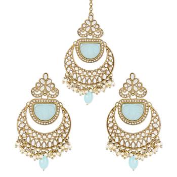 Traditional Pearl Hanging Kundan Stone Studed Chandbali Earring With Maang Tikka 2