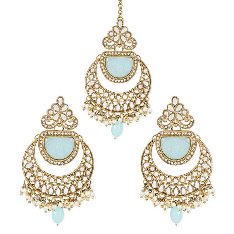 Traditional Pearl Hanging Kundan Stone Studed Chandbali Earring With Maang Tikka