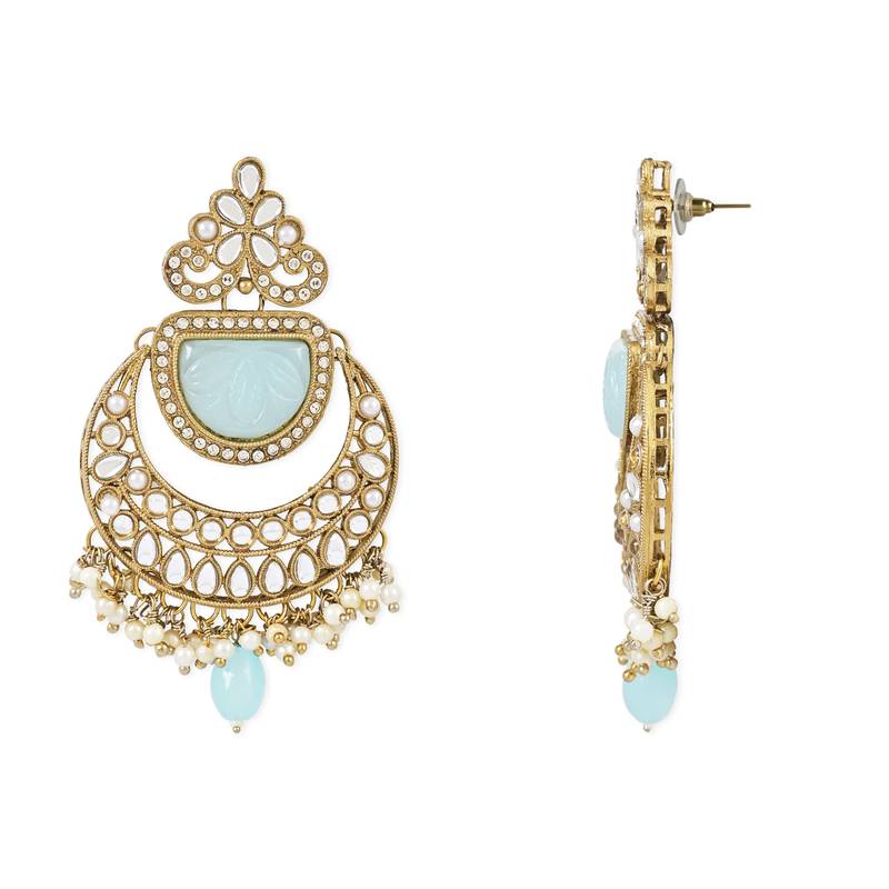 Traditional Pearl Hanging Kundan Stone Studed Chandbali Earring With Maang Tikka