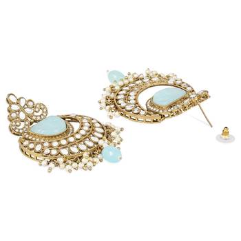 Traditional Pearl Hanging Kundan Stone Studed Chandbali Earring With Maang Tikka 4