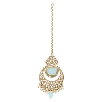 Traditional Pearl Hanging Kundan Stone Studed Chandbali Earring With Maang Tikka 5